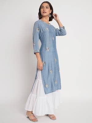 Blue viscose fabric designer embroidery work beautiful ceremonial dress 5