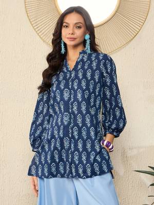 women blue cotton blend floral printed regular top 1