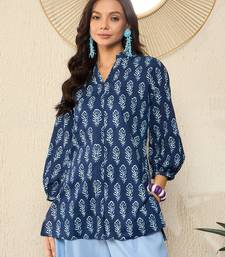 women blue cotton blend floral printed regular top