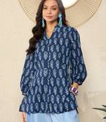 women blue cotton blend floral printed regular top