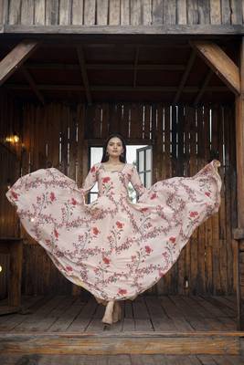Pink beautiful georgette abstract printed partywear gown with dupatta 3