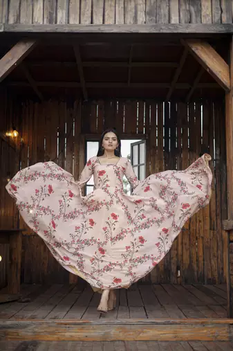 Pink beautiful georgette abstract printed partywear gown with dupatta