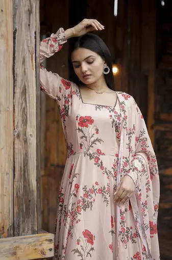 Pink beautiful georgette abstract printed partywear gown with dupatta