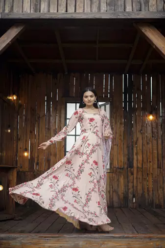 Pink beautiful georgette abstract printed partywear gown with dupatta