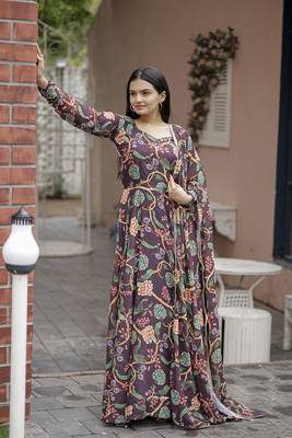 Wine beautiful georgette abstract printed partywear gown with dupatta 1
