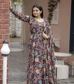 Wine beautiful georgette fabric abstract printed partywear gown with dupatta