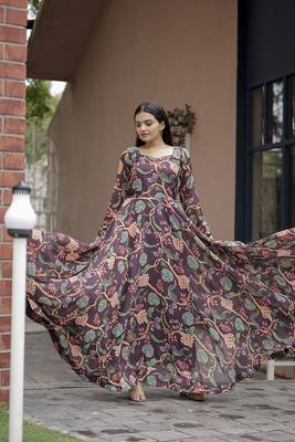Wine beautiful georgette abstract printed partywear gown with dupatta 3