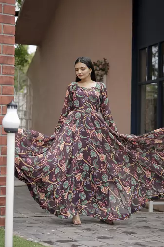 Wine beautiful georgette abstract printed partywear gown with dupatta