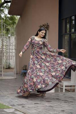 Wine beautiful georgette abstract printed partywear gown with dupatta 5