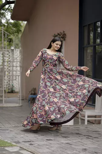 Wine beautiful georgette abstract printed partywear gown with dupatta