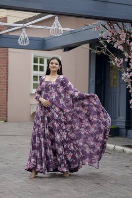 Purple beautiful georgette abstract printed partywear gown with dupatta 1