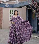 Purple beautiful georgette fabric abstract printed partywear gown with dupatta