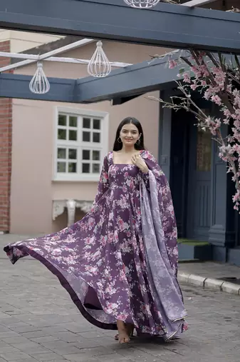 Purple beautiful georgette abstract printed partywear gown with dupatta