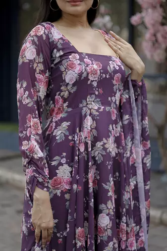 Purple beautiful georgette abstract printed partywear gown with dupatta