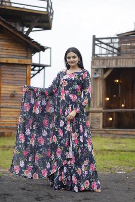 Multy beautiful georgette abstract printed partywear gown with dupatta 1