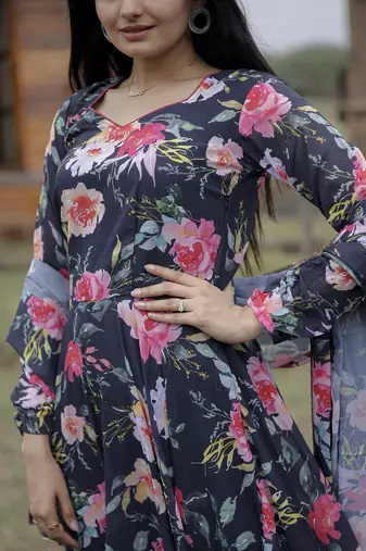 Multy beautiful georgette abstract printed partywear gown with dupatta