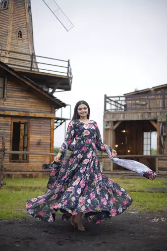 Multy beautiful georgette abstract printed partywear gown with dupatta