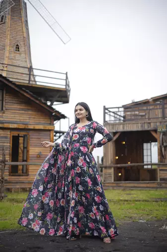 Multy beautiful georgette abstract printed partywear gown with dupatta