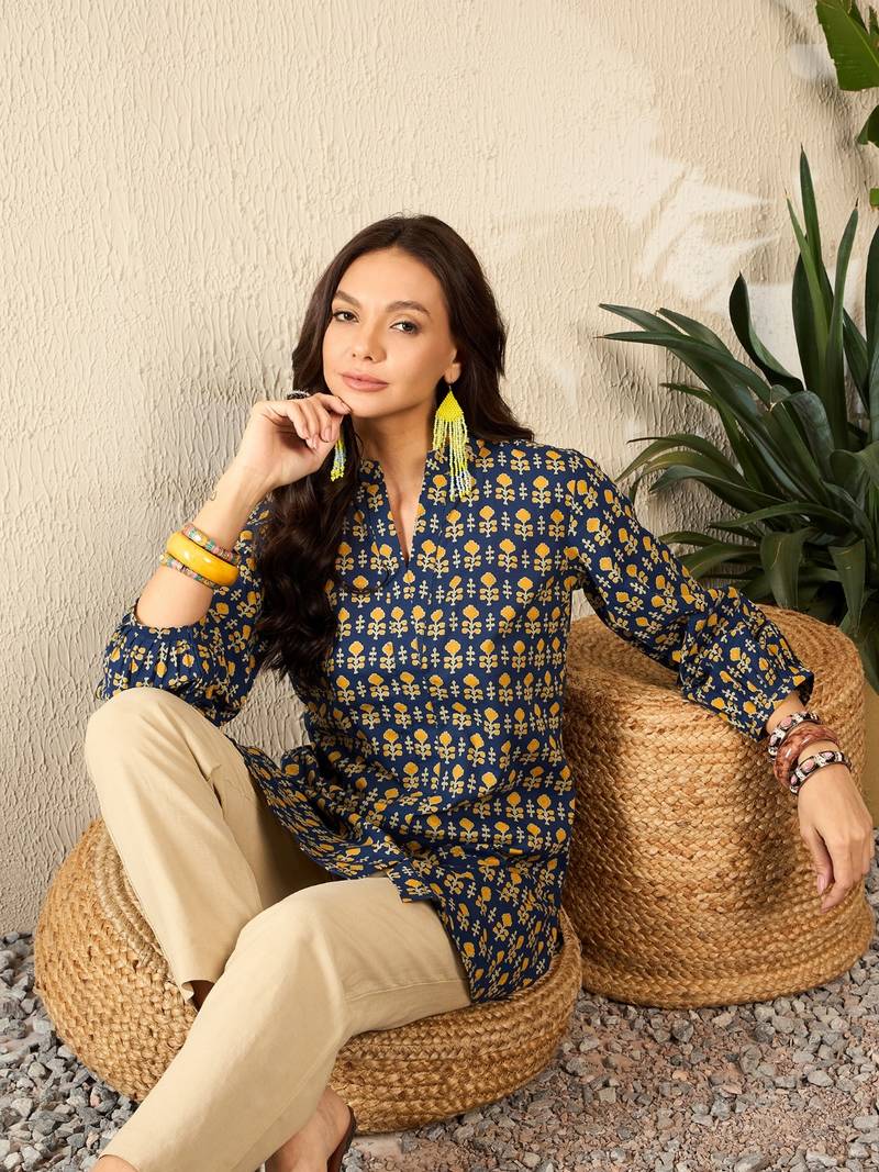 blue cotton blend ethnic motifs printed regular top