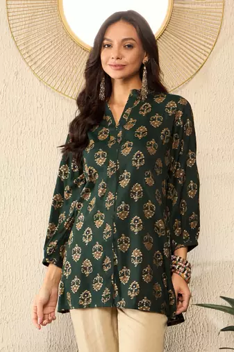 Green Cotton Poly Printed Floral Kurti
