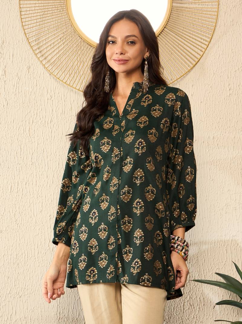 Green Cotton Poly Printed Floral Kurti