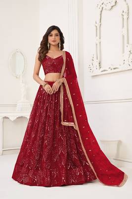 Maroon Glamorous Heavy Embroidery Work Wedding Reception Wear Bridesmaid Lehenga 1