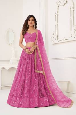 Pink Glamorous Heavy Embroidery Work Wedding Reception Wear Bridesmaid Lehenga 1