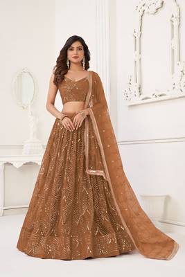 Brown Glamorous Heavy Embroidery Work Wedding Reception Wear Bridesmaid Lehenga 1