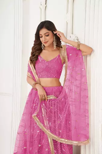 Pink Glamorous Heavy Embroidery Work Wedding Reception Wear Bridesmaid Lehenga