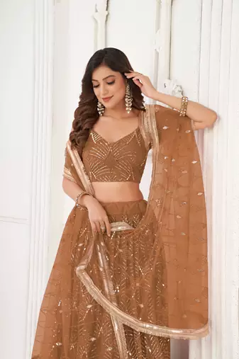 Brown Glamorous Heavy Embroidery Work Wedding Reception Wear Bridesmaid Lehenga