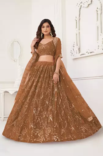 Brown Glamorous Heavy Embroidery Work Wedding Reception Wear Bridesmaid Lehenga