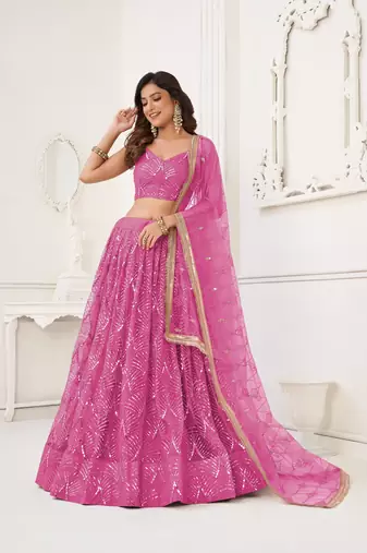 Pink Glamorous Heavy Embroidery Work Wedding Reception Wear Bridesmaid Lehenga