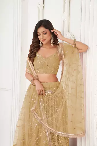 Beige Glamorous Heavy Embroidery Work Wedding Reception Wear Bridesmaid Lehenga
