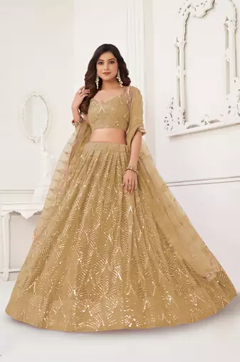 Beige Glamorous Heavy Embroidery Work Wedding Reception Wear Bridesmaid Lehenga