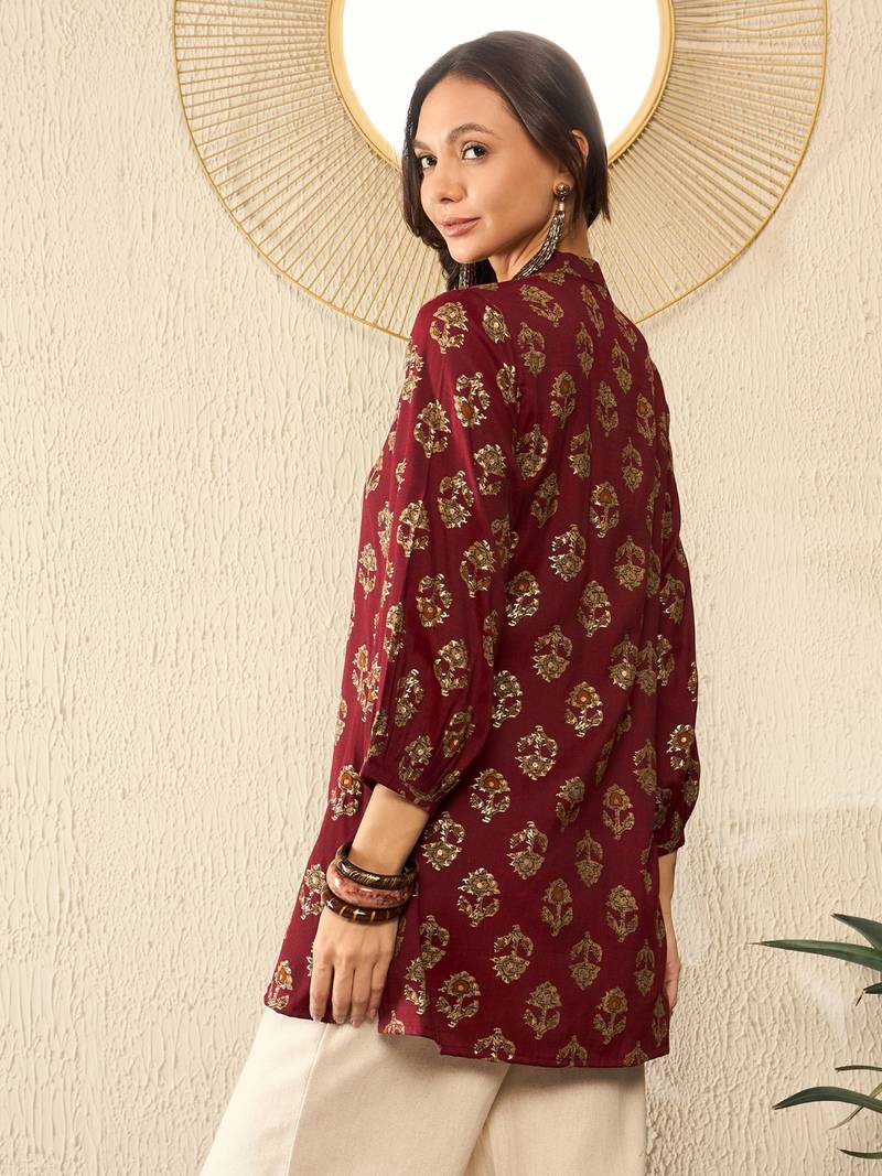 women maroon cotton blend floral printed regular top