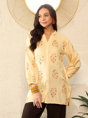 yellow cotton blend floral printed regular top 1