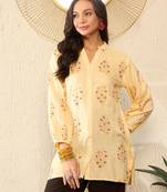 yellow cotton blend floral printed regular top