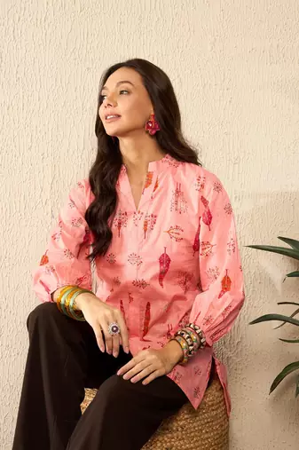 women pink cotton blend floral printed regular top