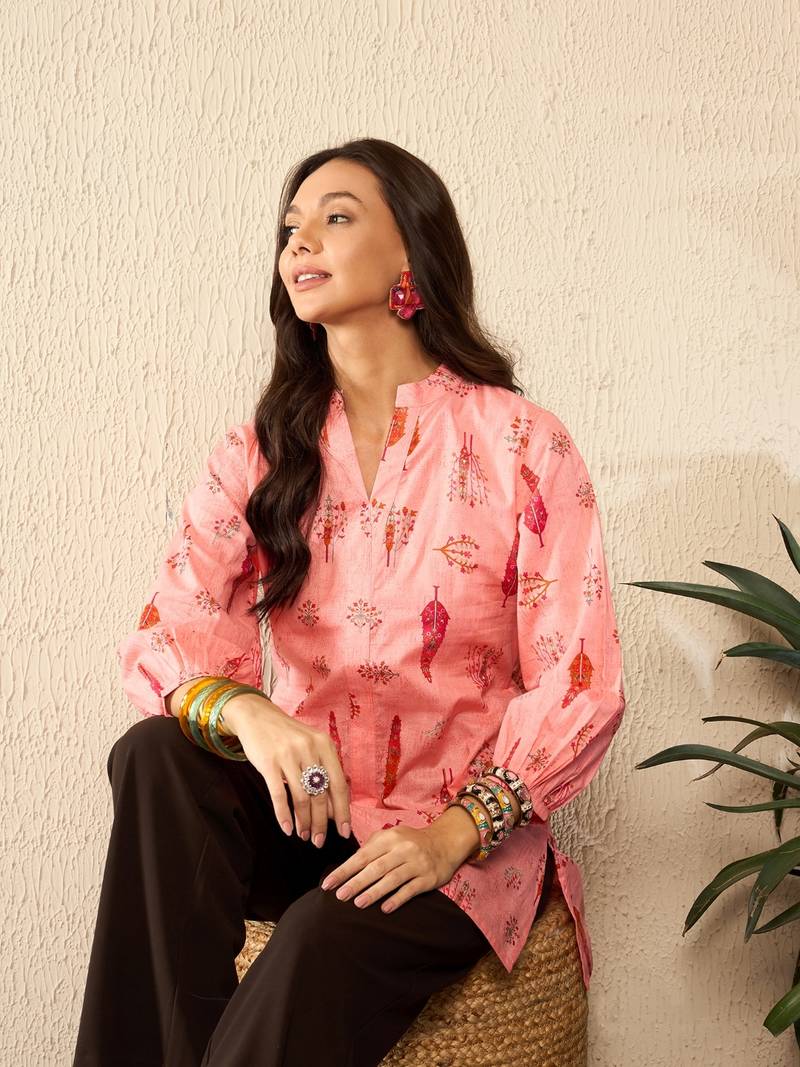 women pink cotton blend floral printed regular top