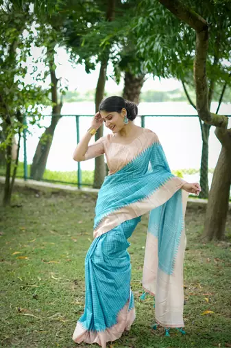 Sky blue wevon kantha designer tussare silk saree with printed design