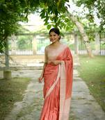 Orange wevon kantha designer tussare silk saree with printed design