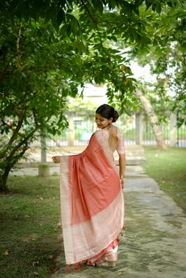 Orange wevon kantha tussare silk blend saree with printed design 2