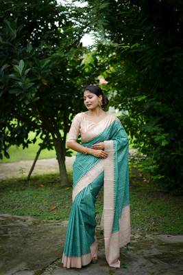 Sea green wevon kantha tussare silk blend saree with printed design 1