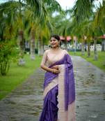 Purple wevon kantha designer tussare silk saree with printed design