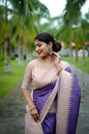 Purple wevon kantha tussare silk blend saree with printed design
