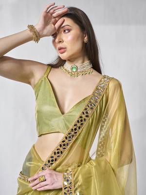 Green gold tissue net solid texture saree with graceful gold cotted 3
