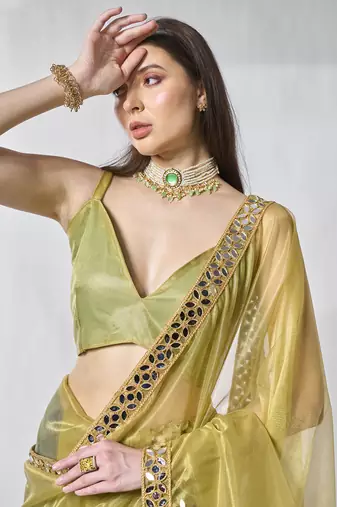 Green gold tissue net solid texture saree with graceful gold cotted