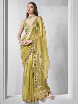 Green gold tissue net solid texture saree with graceful gold cotted 5