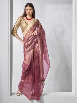 Onion gold tissue net solid texture saree with graceful gold cotted 1