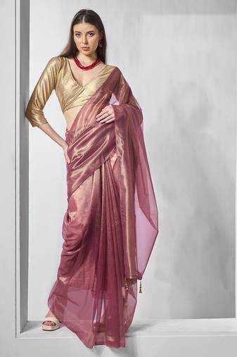 Onion gold tissue net solid texture saree with graceful gold cotted